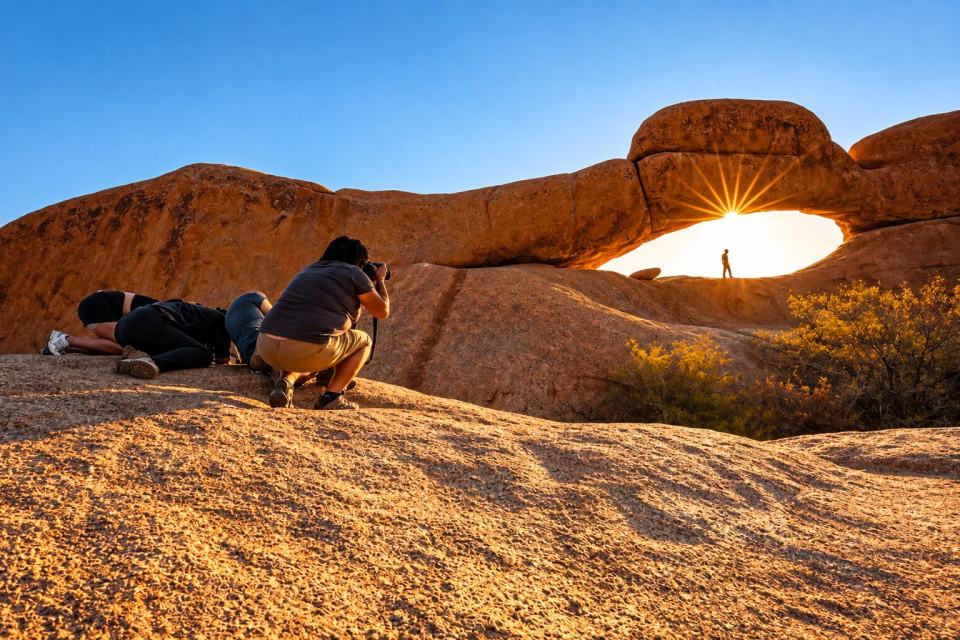 Photographers below the Spitzkoppe rock arch