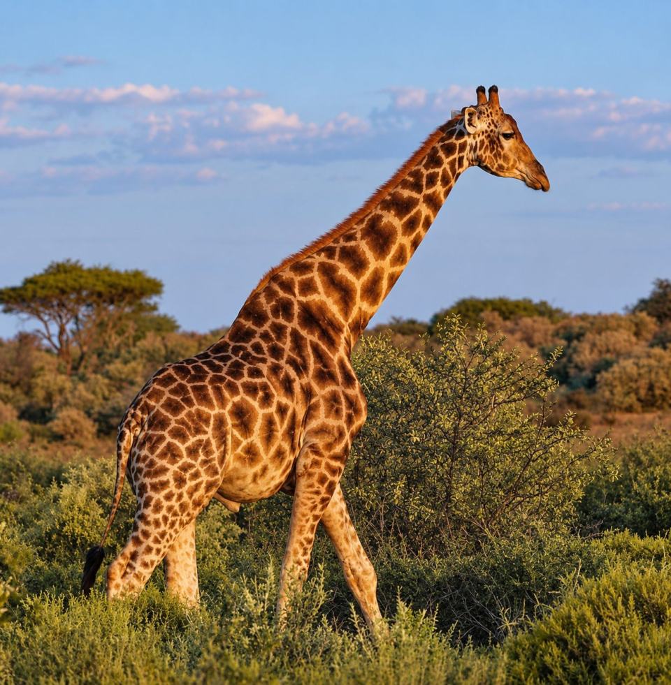 A giraffe in the warm evening light