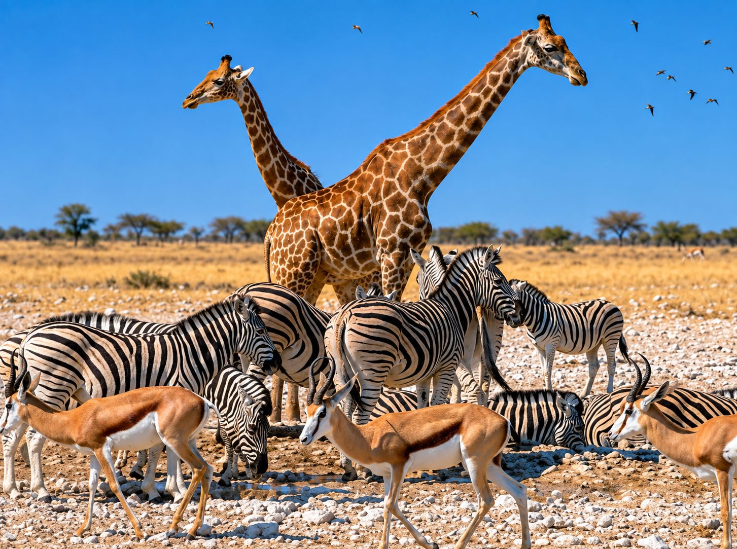 Wildlife at an Etosha waterhole